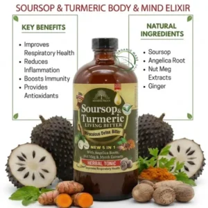 A centered dark glass bottle of Soursop & Turmeric Living Bitter is surrounded by a detailed arrangement of whole and sliced ingredients including large prickly soursop fruit, fresh turmeric roots, fresh ginger, and dried nutmeg. Above the arrangement, large green text reads 'ENHANCE YOUR TOTAL WELLNESS', followed by 'SOURSOP & TURMERIC BODY & MIND ELIXIR' in red text. Below the bottle, a title reads 'MICRACULOUS DETOX TONIC'. To the left of the bottle, a text box labeled 'KEY BENEFITS' lists bullet points: 'Improves Respiratory Health', 'Reduces Inflammation', 'Boosts Immunity', 'Provides Antioxidants'. To the right, a box labeled 'NATURAL INGREDIENTS' lists: 'Soursop', 'Angelica Root', 'Nut Meg', 'Extracts', 'Ginger'. Red arrows point toward the bottle, and the entire graphic is framed with subtle green leaf corner accents.