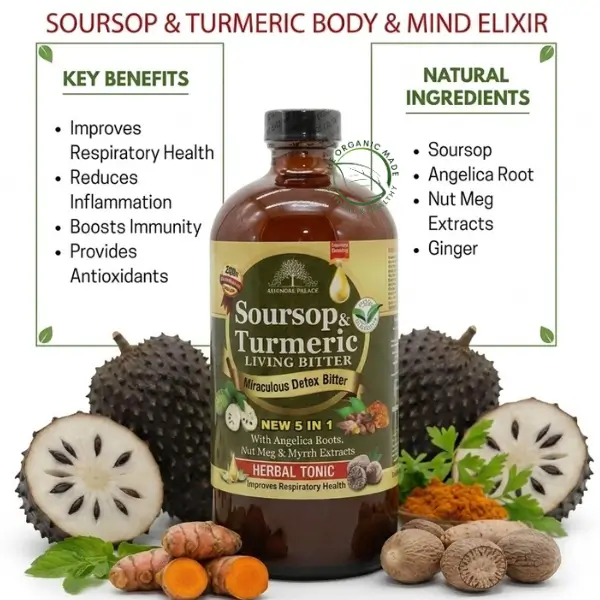 Soursop & Turmeric Living bitters - 16 Oz 1 A centered dark glass bottle of Soursop & Turmeric Living Bitter is surrounded by a detailed arrangement of whole and sliced ingredients including large prickly soursop fruit, fresh turmeric roots, fresh ginger, and dried nutmeg. Above the arrangement, large green text reads 'ENHANCE YOUR TOTAL WELLNESS', followed by 'SOURSOP & TURMERIC BODY & MIND ELIXIR' in red text. Below the bottle, a title reads 'MICRACULOUS DETOX TONIC'. To the left of the bottle, a text box labeled 'KEY BENEFITS' lists bullet points: 'Improves Respiratory Health', 'Reduces Inflammation', 'Boosts Immunity', 'Provides Antioxidants'. To the right, a box labeled 'NATURAL INGREDIENTS' lists: 'Soursop', 'Angelica Root', 'Nut Meg', 'Extracts', 'Ginger'. Red arrows point toward the bottle, and the entire graphic is framed with subtle green leaf corner accents.