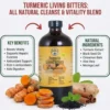 Turmeric Living Bitters from AIH. Centrally is a large amber glass bottle labeled 'AIH Turmeric Living Bitters' and 'Detox And Energy Beverage'. Flanking the bottle are two informative text boxes: 'KEY BENEFITS' on the left, listing points like 'Boosts Energy' and 'supports Detoxification', and 'NATURAL INGREDIENTS' on the right, listing points including 'Tumeric Extract' and 'Black Seed Oil'. Red arrows point to the bottle. Arranged below the graphic, on a light wood surface, are whole ginger root, fresh turmeric root whole and sliced, cinnamon sticks, fresh mint leaves, and a pile of black seeds. A large top banner reads 'UNLOCK YOUR INNER VITALITY' and 'TUMERIC LIVING BITTERS: ALL NATURAL DETOX & ENERGY BEVERAGE'. A dark footer displays 'FEEL REVITALIZED • LIVE AUTHENTICTELLY • NATURALLY EMPOWERED'.