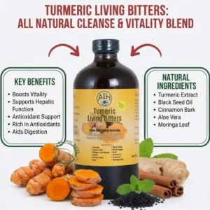 Turmeric Living Bitters from AIH. Centrally is a large amber glass bottle labeled 'AIH Turmeric Living Bitters' and 'Detox And Energy Beverage'. Flanking the bottle are two informative text boxes: 'KEY BENEFITS' on the left, listing points like 'Boosts Energy' and 'supports Detoxification', and 'NATURAL INGREDIENTS' on the right, listing points including 'Tumeric Extract' and 'Black Seed Oil'. Red arrows point to the bottle. Arranged below the graphic, on a light wood surface, are whole ginger root, fresh turmeric root whole and sliced, cinnamon sticks, fresh mint leaves, and a pile of black seeds. A large top banner reads 'UNLOCK YOUR INNER VITALITY' and 'TUMERIC LIVING BITTERS: ALL NATURAL DETOX & ENERGY BEVERAGE'. A dark footer displays 'FEEL REVITALIZED • LIVE AUTHENTICTELLY • NATURALLY EMPOWERED'.