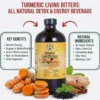 Turmeric Living Bitters from AIH. Centrally is a large amber glass bottle labeled 'AIH Turmeric Living Bitters' and 'Detox And Energy Beverage'. Flanking the bottle are two informative text boxes: 'KEY BENEFITS' on the left, listing points like 'Boosts Energy' and 'supports Detoxification', and 'NATURAL INGREDIENTS' on the right, listing points including 'Tumeric Extract' and 'Black Seed Oil'. Red arrows point to the bottle. Arranged below the graphic, on a light wood surface, are whole ginger root, fresh turmeric root whole and sliced, cinnamon sticks, fresh mint leaves, and a pile of black seeds. A large top banner reads 'UNLOCK YOUR INNER VITALITY' and 'TUMERIC LIVING BITTERS: ALL NATURAL DETOX & ENERGY BEVERAGE'. A dark footer displays 'FEEL REVITALIZED • LIVE AUTHENTICTELLY • NATURALLY EMPOWERED'.