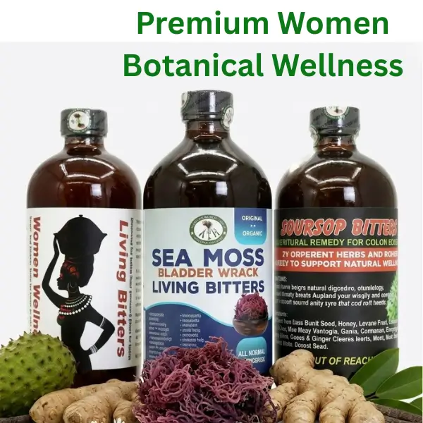 Sea Moss Bladder Wrack, Soursop Bitters, Women Wellness 16oz 1 A professional product photograph against a clean white background, showcasing three dark amber glass bottles. On the left is 'Women Wellness Living Bitters' with a silhouette of a woman. The central and tallest bottle is 'Sea Moss Bladder Wrack Living Bitters' with purple sea moss graphics. On the right is 'Soursop Bitters'. In the foreground, raw ingredients are arranged, including a green soursop fruit, a large cluster of fresh purple 'A grade Sea Moss', whole ginger rhizomes, and botanical accents.