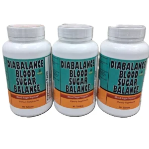 A professional product photograph of three white plastic bottle of Sweet Sunnah DiaBalance Blood Sugar Balance dietary supplement against a clean white background. The front label features a teal and orange design displaying the product name prominently in bold black lettering, stating it contains 90 tablets formulated for blood sugar support.