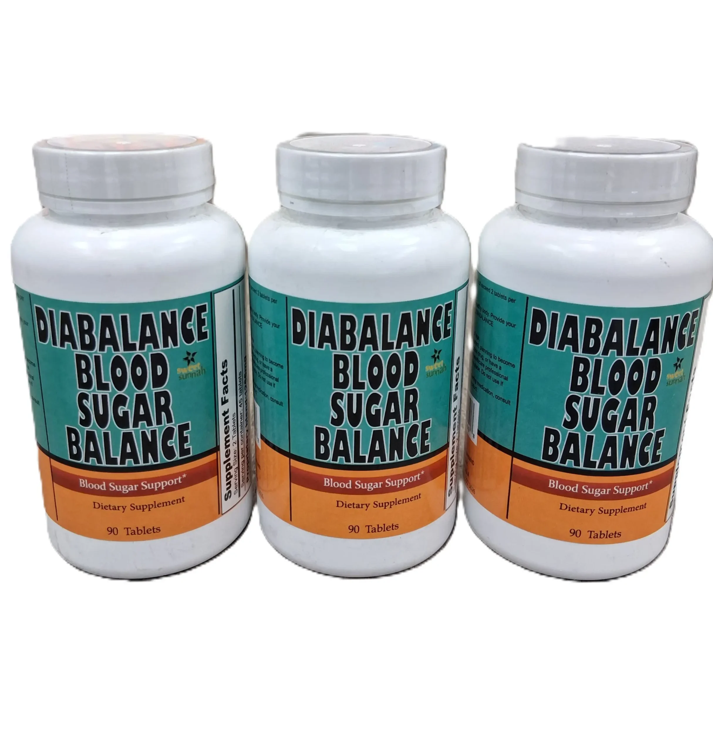 Sweet Sunnah Diabalance Blood Sugar Balance Supplement 90 Tablets - EXP 2028 (WHOLESALE) 1 A professional product photograph of three white plastic bottle of Sweet Sunnah DiaBalance Blood Sugar Balance dietary supplement against a clean white background. The front label features a teal and orange design displaying the product name prominently in bold black lettering, stating it contains 90 tablets formulated for blood sugar support.