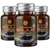 Essence Herbs Pure Himalayan Shilajit Capsules with Ashwagandha & Tongkat Ali – 60 Capsules (WHOLESALE) 8 A crisp, high-resolution product photograph of the back panel of an amber glass Essence Herbs Pure Himalayan Shilajit supplement bottle. The clean, professional label details a comprehensive "Supplement Facts" chart listing ingredients like Magnesium, Zinc, Shilajit Stone, Tongkat Ali, and Ashwagandha, set against a pristine, well-lit studio background. Pack of 3 bottles