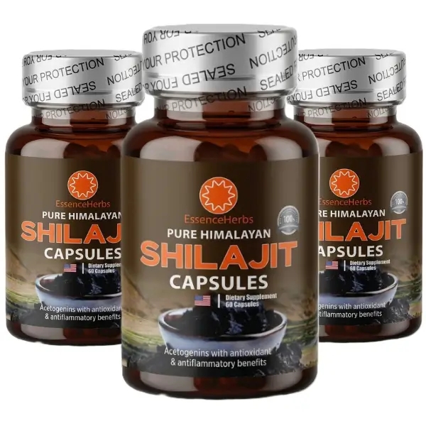 Essence Herbs Pure Himalayan Shilajit Capsules with Ashwagandha & Tongkat Ali – 60 Capsules (WHOLESALE) 1 A crisp, high-resolution product photograph of the back panel of an amber glass Essence Herbs Pure Himalayan Shilajit supplement bottle. The clean, professional label details a comprehensive "Supplement Facts" chart listing ingredients like Magnesium, Zinc, Shilajit Stone, Tongkat Ali, and Ashwagandha, set against a pristine, well-lit studio background. Pack of 3 bottles
