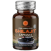 Essence Herbs Pure Himalayan Shilajit Capsules with Ashwagandha & Tongkat Ali – 60 Capsules 8 A crisp, high-resolution product photograph of the back panel of an amber glass Essence Herbs Pure Himalayan Shilajit supplement bottle. The clean, professional label details a comprehensive "Supplement Facts" chart listing ingredients like Magnesium, Zinc, Shilajit Stone, Tongkat Ali, and Ashwagandha, set against a pristine, well-lit studio background.