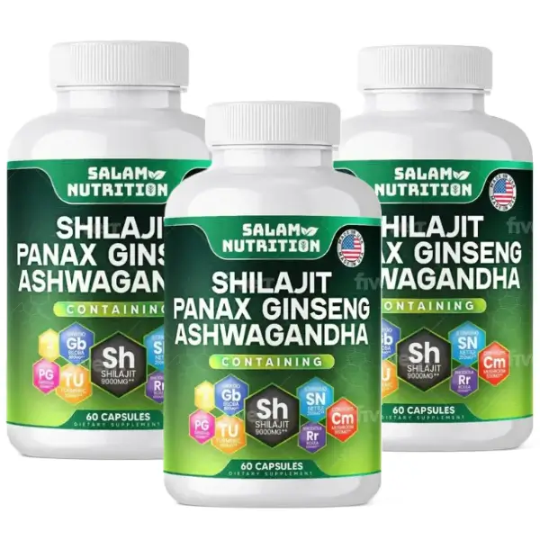 Shilajit, Panax Ginseng, Ashwagandha, Rhodiola 8-in-1 Strength Supplement - 60 Capsules (WHOLESALE) 1 A front-facing professional product photo of a bottle of Salam Nutrition 8-in-1 supplement. The label clearly shows the product name featuring Shilajit, Panax Ginseng, Ashwagandha, and Rhodiola, alongside a breakdown of all 8 ingredients totaling 15250mg per serving. The bottle contains 60 veggie capsules. Three bottles