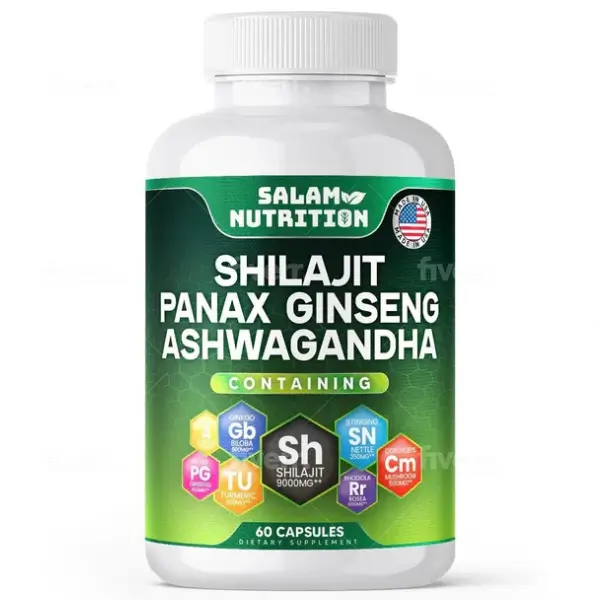 Shilajit, Panax Ginseng, Ashwagandha, Rhodiola 8-in-1 Strength Supplement - 60 Capsules 1 A front-facing professional product photo of a bottle of Salam Nutrition 8-in-1 supplement. The label clearly shows the product name featuring Shilajit, Panax Ginseng, Ashwagandha, and Rhodiola, alongside a breakdown of all 8 ingredients totaling 15250mg per serving. The bottle contains 60 veggie capsules.