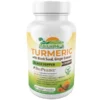 A professional product photo of a white bottle of Nature's Recommendation Turmeric with Black Seed and Ginger Extract dietary supplement. The label features a sunrise graphic and details including 1500mg potency, BioPerine® logo, and a green "Vegan Formula" logo. The bottle contains 60 Veggie Capsules and is surrounded by fresh turmeric root, a bowl of turmeric powder, and dried lavender flowers.