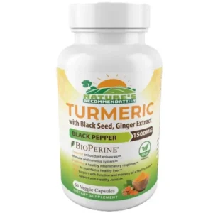 A professional product photo of a white bottle of Nature's Recommendation Turmeric with Black Seed and Ginger Extract dietary supplement. The label features a sunrise graphic and details including 1500mg potency, BioPerine® logo, and a green "Vegan Formula" logo. The bottle contains 60 Veggie Capsules and is surrounded by fresh turmeric root, a bowl of turmeric powder, and dried lavender flowers.