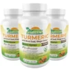 Turmeric with Black Seed, Ginger, 1500mg - 60 Veggie Capsules (WHOLESALE) 8 A professional product photo of a Three white bottles of Nature's Recommendation Turmeric with Black Seed and Ginger Extract dietary supplement. The label features a sunrise graphic and details including 1500mg potency, BioPerine® logo, and a green "Vegan Formula" logo. The bottle contains 60 Veggie Capsules and is surrounded by fresh turmeric root, a bowl of turmeric powder, and dried lavender flowers.