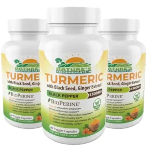 A professional product photo of a Three white bottles of Nature's Recommendation Turmeric with Black Seed and Ginger Extract dietary supplement. The label features a sunrise graphic and details including 1500mg potency, BioPerine® logo, and a green "Vegan Formula" logo. The bottle contains 60 Veggie Capsules and is surrounded by fresh turmeric root, a bowl of turmeric powder, and dried lavender flowers.