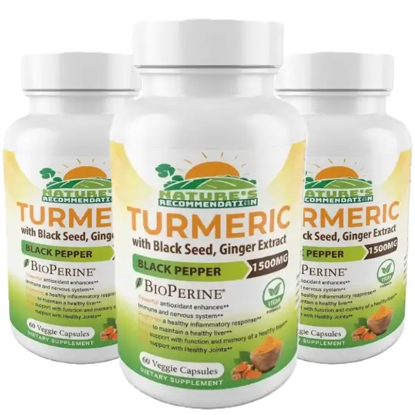 Turmeric with Black Seed, Ginger, 1500mg - 60 Veggie Capsules (WHOLESALE) 1 A professional product photo of a Three white bottles of Nature's Recommendation Turmeric with Black Seed and Ginger Extract dietary supplement. The label features a sunrise graphic and details including 1500mg potency, BioPerine® logo, and a green "Vegan Formula" logo. The bottle contains 60 Veggie Capsules and is surrounded by fresh turmeric root, a bowl of turmeric powder, and dried lavender flowers.