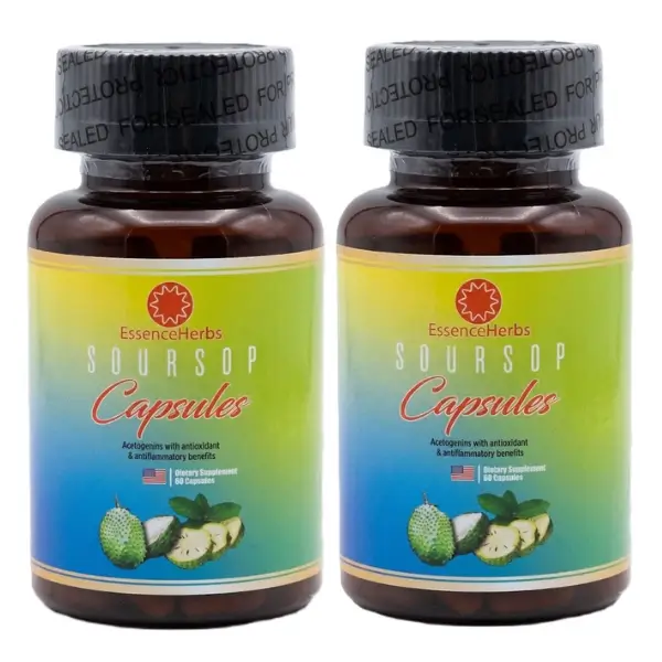 Essence Herbs Soursop Dietary Supplement, Gut Health & Daily Cleanse Support - 60 Capsules (WHOLESALE) 1 A high-resolution product named Essence Herbs Soursop shot against a plain white background, showing the rear view of an amber-glass medicine bottle filled with capsules. The bottle is sealed with a black plastic wrap labeled "SEALED FOR YOUR PROTECTION". The label on the bottle features a color gradient from yellow to blue and contains comprehensive product information, including the ingredient list, "Supplement Facts" panel, usage directions, and the brand logo for "Essence Herbs" with an icon.