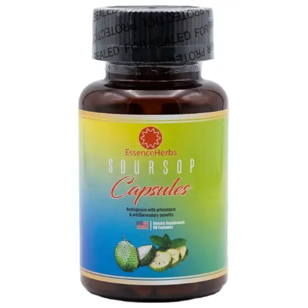 Essence Herbs Soursop Dietary Supplement, Gut Health & Daily Cleanse Support - 60 Capsules 1 A high-resolution product named Essence Herbs Soursop shot against a plain white background, showing the rear view of an amber-glass medicine bottle filled with capsules. The bottle is sealed with a black plastic wrap labeled "SEALED FOR YOUR PROTECTION". The label on the bottle features a color gradient from yellow to blue and contains comprehensive product information, including the ingredient list, "Supplement Facts" panel, usage directions, and the brand logo for "Essence Herbs" with an icon.