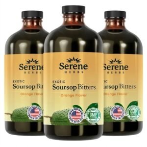 A digital infographic for Serene Herbs Exotic Soursop Bitters, Orange Flavor. A dark glass bottle with a brown liquid splash is surrounded by fresh cut oranges and soursop fruit. Text at the top reads "HOW TO ENJOY." Four circular icons with gradient colors illustrate: "2x" spoon icon with text "Take 1 tablespoon twice daily," utensil icon with "Best taken after a meal," glass icon with "Drink directly or mix with your favorite beverage," and clock icon with "Consistency is key for best results."