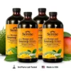 A professional product photograph of four brown glass bottles of Serene Herbs Exotic Soursop bitters Mango flavor. The bottles have orange and yellow labels and are arranged on a green reflective surface. In the background are fresh soursop fruits and mangoes.