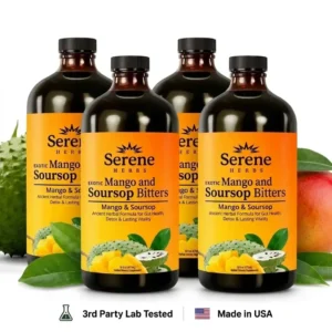 A professional product photograph of four brown glass bottles of Serene Herbs Exotic Soursop bitters Mango flavor. The bottles have orange and yellow labels and are arranged on a green reflective surface. In the background are fresh soursop fruits and mangoes.