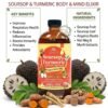 A centered dark glass bottle of Soursop & Turmeric Living Bitter is surrounded by a detailed arrangement of whole and sliced ingredients including large prickly soursop fruit, fresh turmeric roots, fresh ginger, and dried nutmeg. Above the arrangement, large green text reads 'ENHANCE YOUR TOTAL WELLNESS', followed by 'SOURSOP & TURMERIC BODY & MIND ELIXIR' in red text. Below the bottle, a title reads 'MICRACULOUS DETOX TONIC'. To the left of the bottle, a text box labeled 'KEY BENEFITS' lists bullet points: 'Improves Respiratory Health', 'Reduces Inflammation', 'Boosts Immunity', 'Provides Antioxidants'. To the right, a box labeled 'NATURAL INGREDIENTS' lists: 'Soursop', 'Angelica Root', 'Nut Meg', 'Extracts', 'Ginger'. Red arrows point toward the bottle, and the entire graphic is framed with subtle green leaf corner accents.