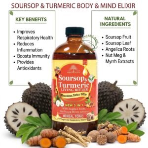 A centered dark glass bottle of Soursop & Turmeric Living Bitter is surrounded by a detailed arrangement of whole and sliced ingredients including large prickly soursop fruit, fresh turmeric roots, fresh ginger, and dried nutmeg. Above the arrangement, large green text reads 'ENHANCE YOUR TOTAL WELLNESS', followed by 'SOURSOP & TURMERIC BODY & MIND ELIXIR' in red text. Below the bottle, a title reads 'MICRACULOUS DETOX TONIC'. To the left of the bottle, a text box labeled 'KEY BENEFITS' lists bullet points: 'Improves Respiratory Health', 'Reduces Inflammation', 'Boosts Immunity', 'Provides Antioxidants'. To the right, a box labeled 'NATURAL INGREDIENTS' lists: 'Soursop', 'Angelica Root', 'Nut Meg', 'Extracts', 'Ginger'. Red arrows point toward the bottle, and the entire graphic is framed with subtle green leaf corner accents.