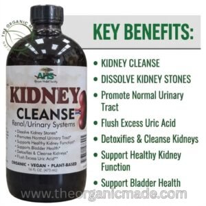 AHS Kidney Cleanse living bitter bottle with detailed key benefits bullet points on the right side.