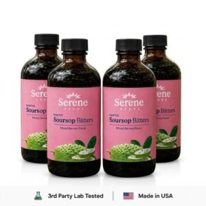 showcasing four dark glass bottles of "Serene Herbs Exotic Soursop Bitters (Mixed Berries Flavor)"