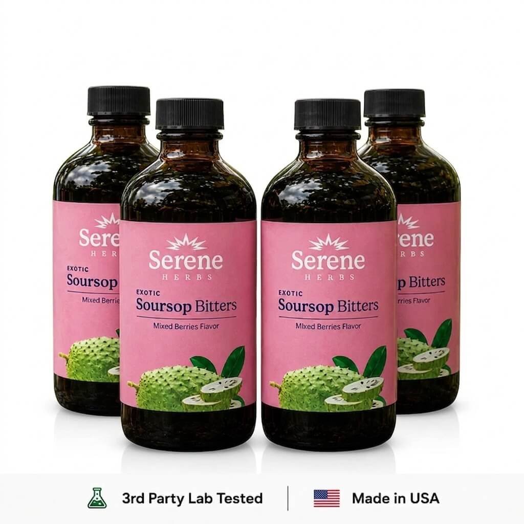 Serene Soursop Bitters Mixed Berries Flavor 16oz - Wholesale 1 showcasing four dark glass bottles of "Serene Herbs Exotic Soursop Bitters (Mixed Berries Flavor)"